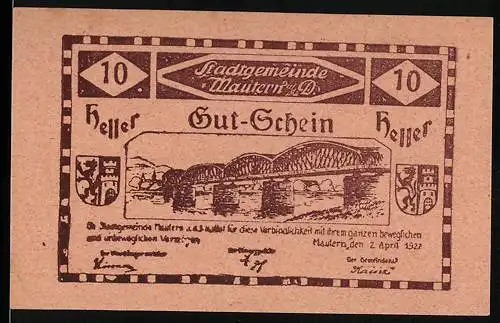 Notgeld Mautern 1920, 10 Heller, Brücke mit Wappen und Seriennummer