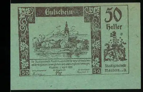 Notgeld Mautern 1920, 50 Heller, Stadtansicht mit Kirche und Stadtwappen