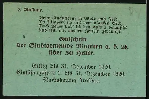 Notgeld Mautern 1920, 50 Heller, Stadtansicht mit Kirche und Stadtwappen