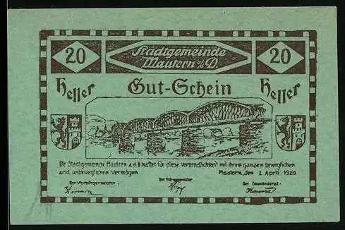 Notgeld Mautern 1920, 20 Heller, Brückenmotiv mit Stadtwappen und dekorativen Elementen