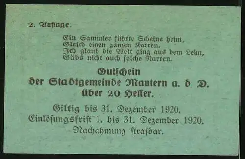 Notgeld Mautern 1920, 20 Heller, Brückenmotiv mit Stadtwappen und dekorativen Elementen