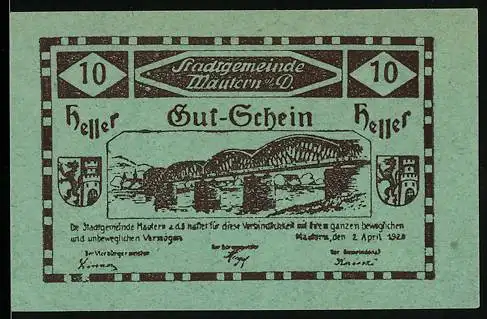 Notgeld Mautern 1920, 10 Heller, Brücke und Stadtwappen