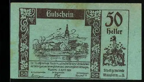 Notgeld Mautern 1920, 50 Heller, Stadtansicht mit Kirchturm und Wappen der Stadtgemeinde Mautern