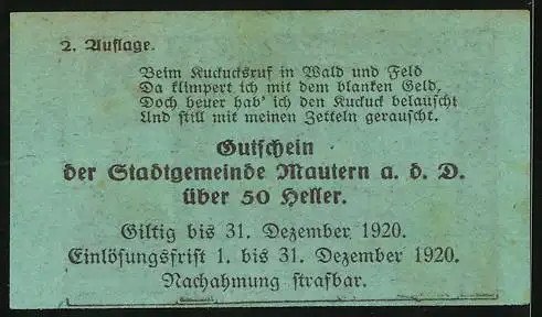 Notgeld Mautern 1920, 50 Heller, Stadtansicht mit Kirchturm und Wappen der Stadtgemeinde Mautern