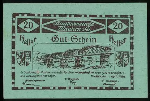 Notgeld Mautern 1920, 20 Heller, Brücke und Stadtwappen