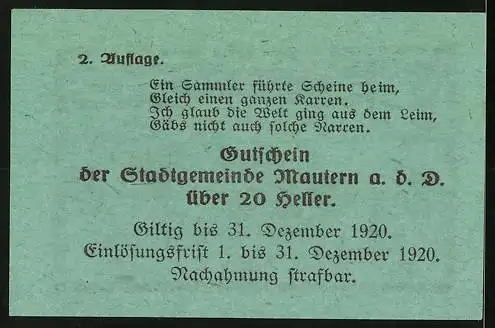 Notgeld Mautern 1920, 20 Heller, Brücke und Stadtwappen