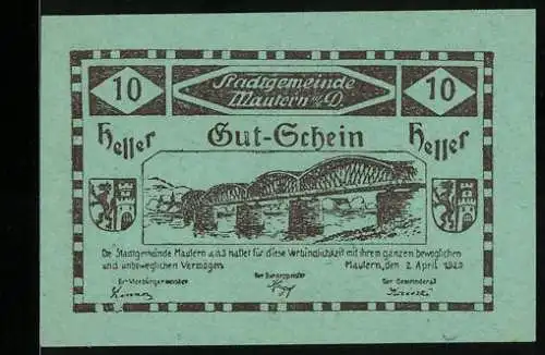 Notgeld Mautern 1920, 10 Heller, Brückenmotiv, Seriennummer und Wappen