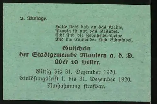 Notgeld Mautern 1920, 10 Heller, Brückenmotiv, Seriennummer und Wappen