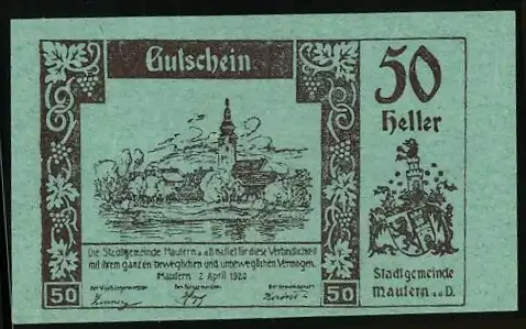 Notgeld Mautern 1920, 50 Heller, Stadtansicht mit Kirche, Wappen und Gedicht, gültig bis 31. Dezember 1920