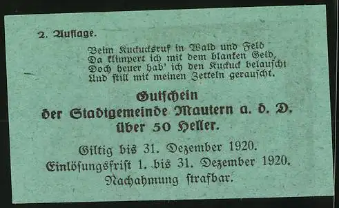 Notgeld Mautern 1920, 50 Heller, Stadtansicht mit Kirche, Wappen und Gedicht, gültig bis 31. Dezember 1920