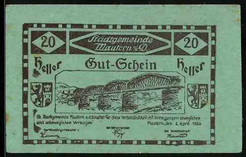 Notgeld Mautern 1920, 20 Heller, Brückenmotiv, Wappen, Seriennummer, gültig bis 31. Dezember 1920