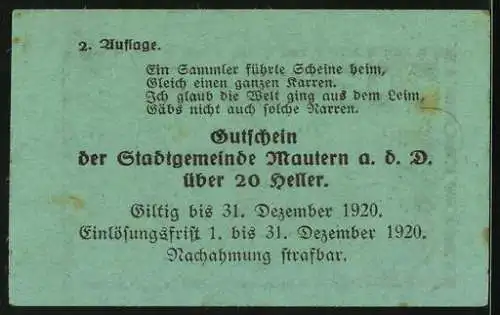 Notgeld Mautern 1920, 20 Heller, Brückenmotiv, Wappen, Seriennummer, gültig bis 31. Dezember 1920