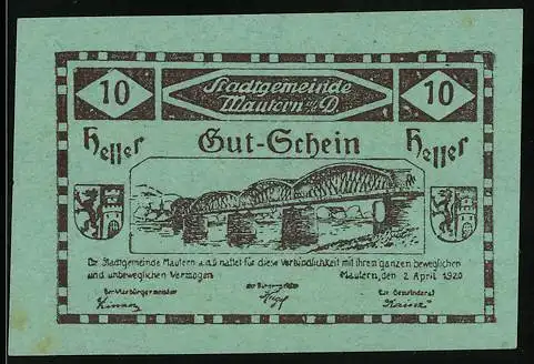 Notgeld Mautern 1920, 10 Heller, Brücke mit Wappen und Inschrift, 2. Auflage