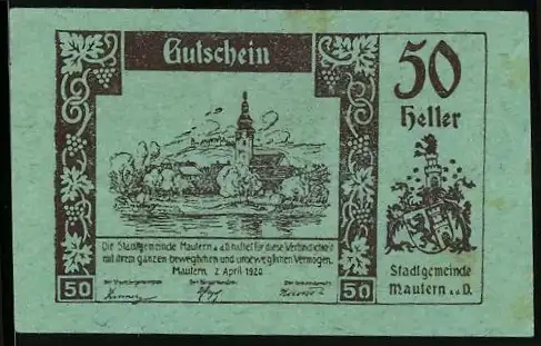 Notgeld Mautern 1920, 50 Heller, Stadtansicht und Wappen, Gültigkeit bis 31. Dezember 1920