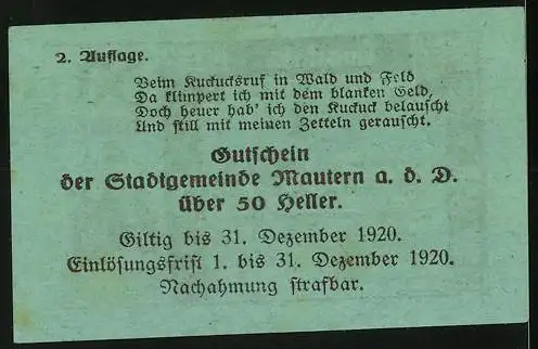 Notgeld Mautern 1920, 50 Heller, Stadtansicht und Wappen, Gültigkeit bis 31. Dezember 1920