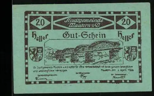 Notgeld Mautern 1920, 20 Heller, Brücke mit Stadtwappen und Versen, gültig bis 31. Dezember 1920