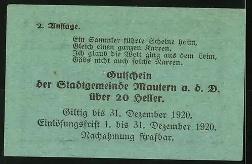 Notgeld Mautern 1920, 20 Heller, Brücke mit Stadtwappen und Versen, gültig bis 31. Dezember 1920