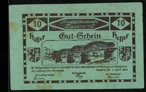 Notgeld Mautern 1920, 10 Heller, Brückenmotiv mit Stadtwappen und Textpassagen