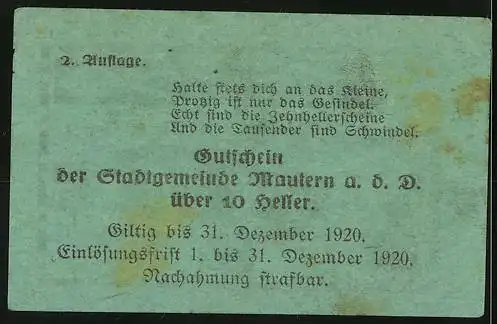 Notgeld Mautern 1920, 10 Heller, Brückenmotiv mit Stadtwappen und Textpassagen