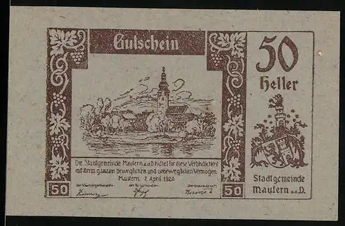 Notgeld Mautern 1920, 50 Heller, Stadtansicht und Wappen, gültig bis 31. Dezember 1920