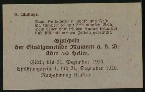 Notgeld Mautern 1920, 50 Heller, Stadtansicht und Wappen, gültig bis 31. Dezember 1920