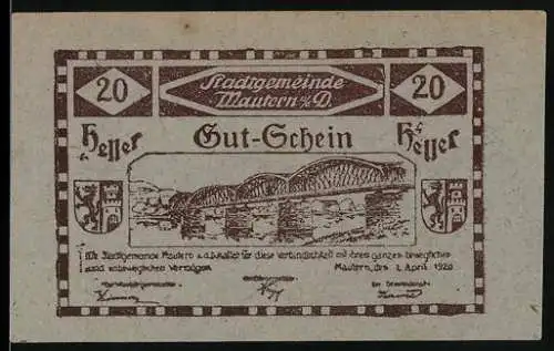 Notgeld Mautern 1920, 20 Heller, Brücke mit Wappen und Text, 2. Auflage