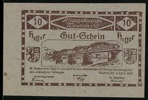 Notgeld Mautern 1920, 10 Heller, Brücke und Stadtwappen, 2. Ausgabe