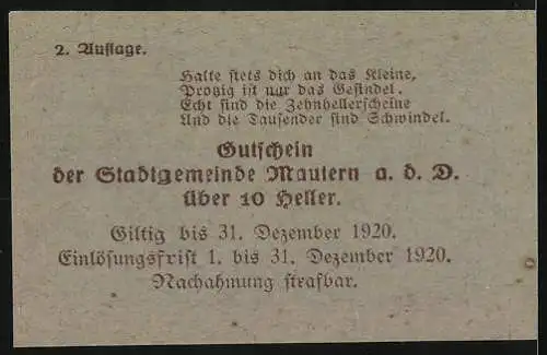 Notgeld Mautern 1920, 10 Heller, Brücke und Stadtwappen, 2. Ausgabe