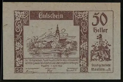 Notgeld Mautern 1920, 50 Heller, Stadtansicht mit Kirche und Wappen, Ausgabedatum 2. April 1920