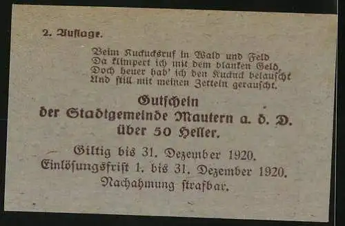 Notgeld Mautern 1920, 50 Heller, Stadtansicht mit Kirche und Wappen, Ausgabedatum 2. April 1920