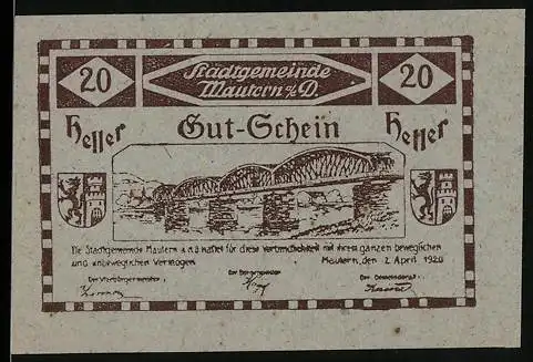 Notgeld Mautern 1920, 20 Heller, Brückenmotiv mit Wappen und Text