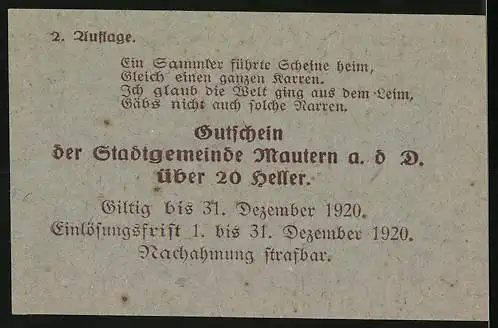 Notgeld Mautern 1920, 20 Heller, Brückenmotiv mit Wappen und Text