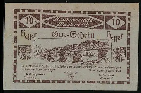 Notgeld Mautern 1920, 10 Heller, Brücke mit Stadtwappen und Gedicht, Serienausgabe 2. Auflage