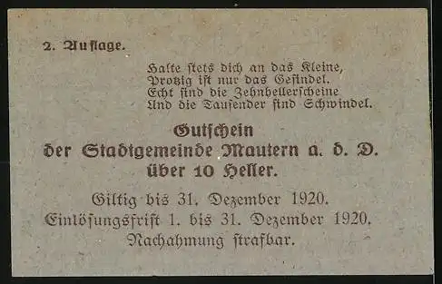 Notgeld Mautern 1920, 10 Heller, Brücke mit Stadtwappen und Gedicht, Serienausgabe 2. Auflage