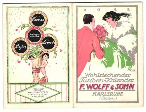 Kalender Karlsruhe 1922, Wohlriechender Taschenkalender F. Wolff & Sohn, Tanzpaar, Putte mit Füllhorn