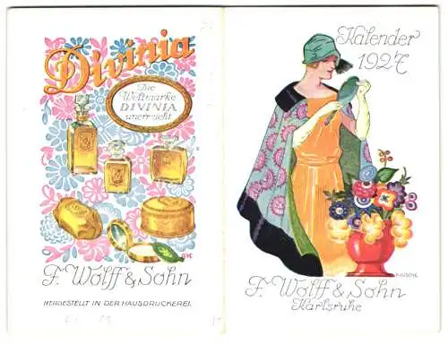 Kalender Karlsruhe 1927, Wohlriechender Taschenkalender F. Wolff & Sohn, Divinia Parfüm, Dame mit Handspiegel