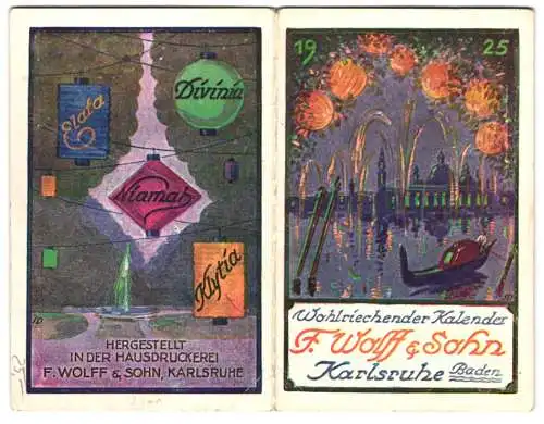 Kalender Karlsruhe 1925, Wohlriechender Taschenkalender F. Wolff & Sohn, Lampion's, Feuerwerk in Venedig