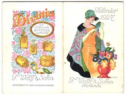 Kalender Karlsruhe 1927, Wohlriechender Taschenkalender F. Wolff & Sohn, Dame mit Handspiegel, Divinia Parfüms