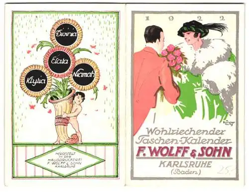 Kalender Karlsruhe 1922, Wohlriechender Taschenkalender F. Wolff & Sohn, Dame mit Pelzmantel, Putte mit Füllhorn