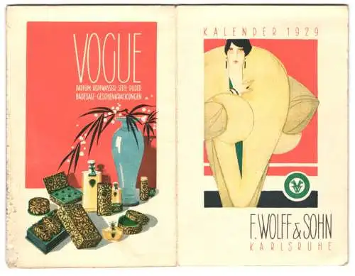 Kalender Karlsruhe 1929, Wohlriechender Taschenkalender F. Wolff & Sohn, Vogue Parfüm, Dame im Art Deco Stil