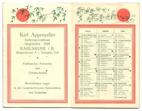 Kalender Karlsruhe 1929, Wohlriechender Taschenkalender F. Wolff & Sohn, Vogue Parfüm, Dame im Art Deco Stil