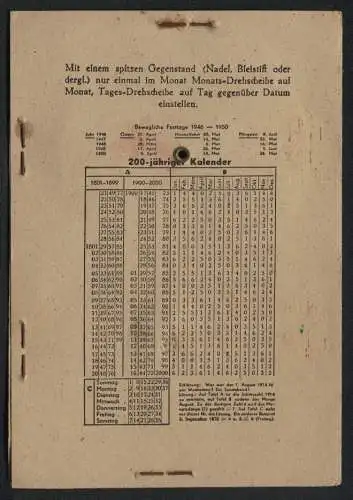 Kalender Zeit - und Termin-Karte mit 200 jährigem Kalender, Bewegliche Festtage 1946-1950