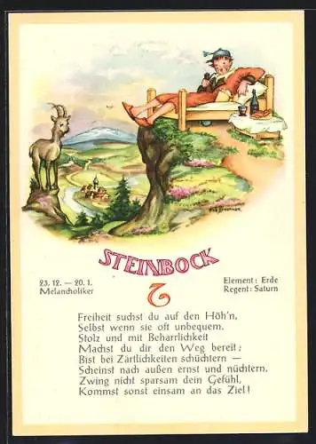 AK Sternzeichen Steinbock, Junge auf einem Bett im Freien, mit Gedicht