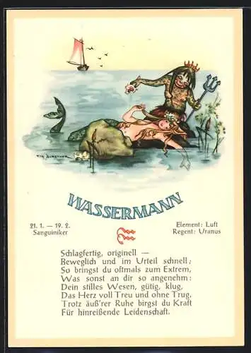 AK Sternzeichen Wassermann, Nixe mit einem Wassermann