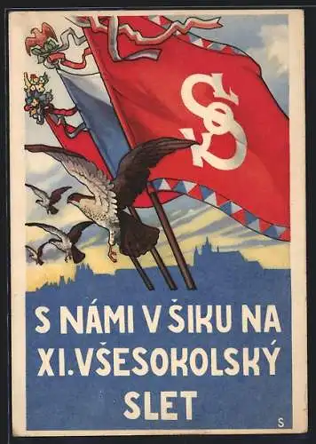 Künstler-AK S Námi V siku na Xi. Vsesokolský slet