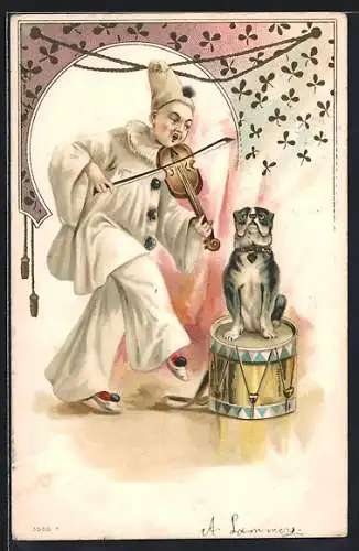 Lithographie Harlekin spielt für einen Hund Violine