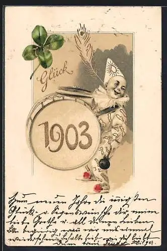 Lithographie Viel Glück 1903, Harlekin mit Pauke