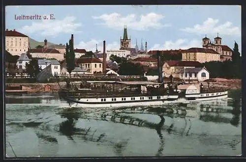 AK Leitmeritz / Litomerice, Teilansicht mit Dampfer Pillnitz