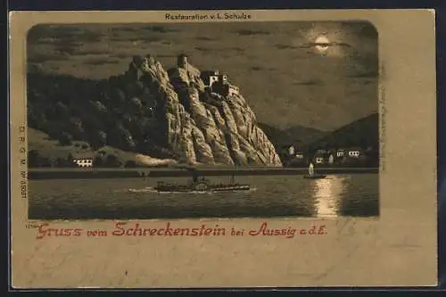 Mondschein-Lithographie Aussig, Burg Schreckenstein bei Vollmond, Restaurant v. L. Schulze