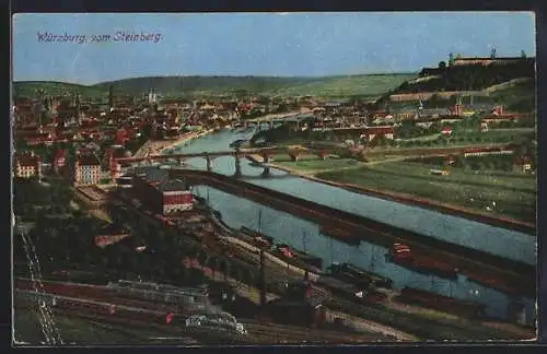 AK Würzburg, Ortsansicht mit Hafen u. Brücke vom Steinberg aus, Eisenbahn